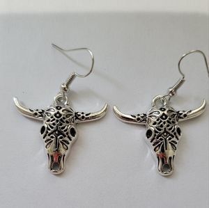 New 'carved' cow skull earrings metal